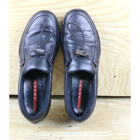Prada Sport Mens Shoes 10 Black Leather Lines Rossa Toggle Loafers Slip On - Picture 3 of 11